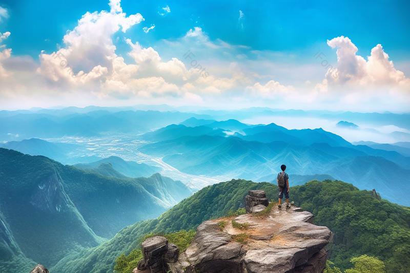 蓝天白云下的一个年轻男人在山顶看山下的风景,高清,摄影图,摄影图片,图片大全,摄影图免费下载